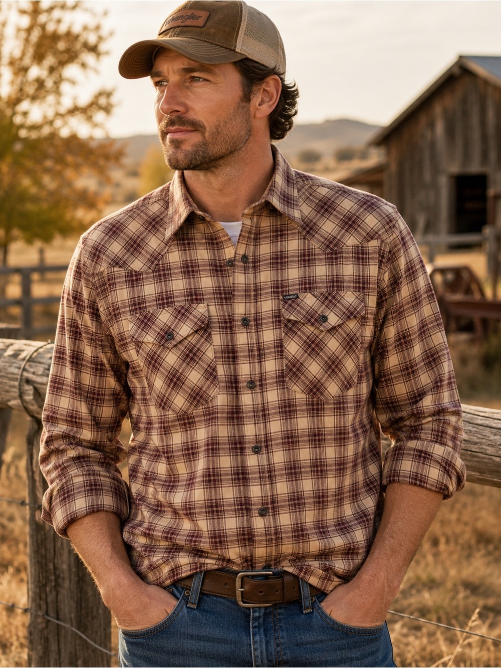 Wrangler Western Plaid Flannel Shirt Men’s L Brown Tan Button Front Cowboy Ranch